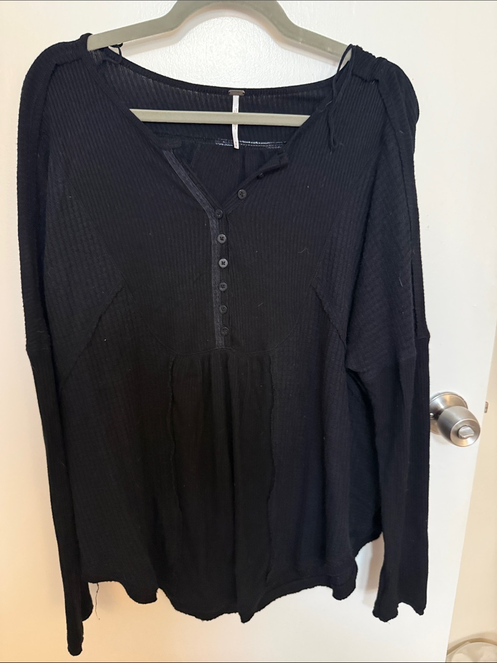 Free People Flowy Black Henley Long Sleeve Top